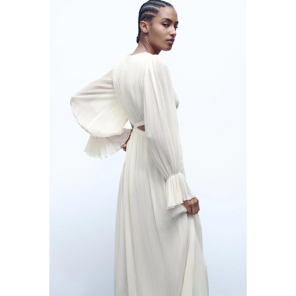 Zara Cutout Pleated Midi Dress Medium Ivory Cream Long Sleeve Flowy Cottagecore - Picture 15 of 15